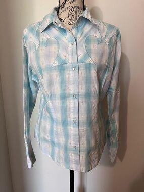 Roper Pastel Blue Plaid Western Pearl Snap Shirt Star Embroidery Medium